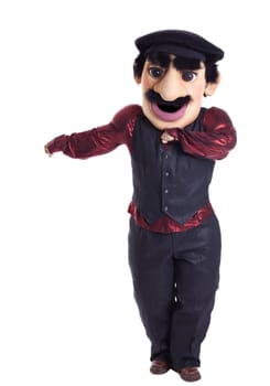 Funny caucasian man stand mascot costume isolated