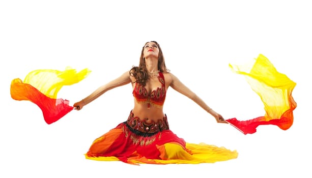 Beauty young woman dance with fantail on white