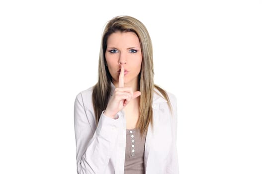 young woman seeking the silence with a finger on the mouth