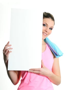 Female holding sign or board