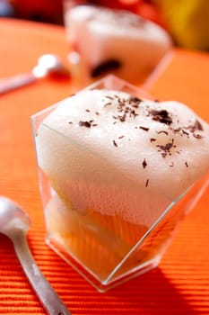 Verrine chocolate pear, pear espuma, delicious dessert from french gastronomy