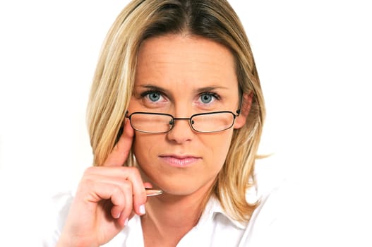 studious and strict woman behind her glasses
