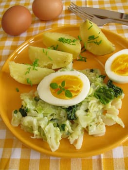 Creamed savoy cabbage with potatoes and egg