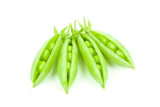 Green peas in pods isolated on white background