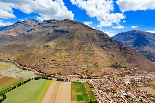 Birds eye view of Pisac and Urubamba River in Peru