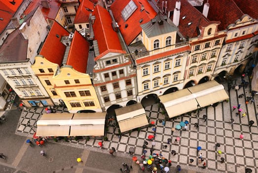 Stock Photo: crowded square in the rain, Prague city, Czechia