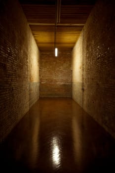 Image of a brick hallway, wood floor and wood roof lit bt a single light leading into a dead end