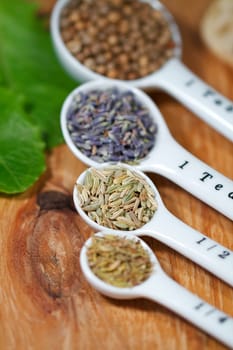 Old table-top selection of herbs and grains in measuring spoons