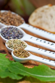 Old table-top selection of herbs and grains in measuring spoons