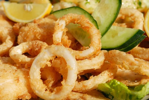 Spanish tapas. Fried squid rings. Typical appetizer. Selective focus. Closeup. Calamares a la romana.