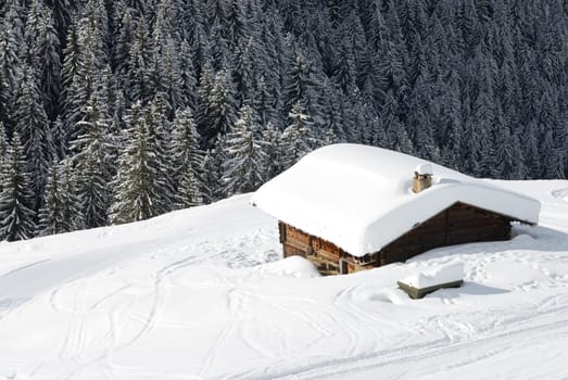 Bow-window of a chalet in a ski resort.