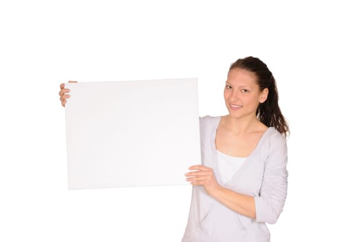 Young woman with white chalkboard