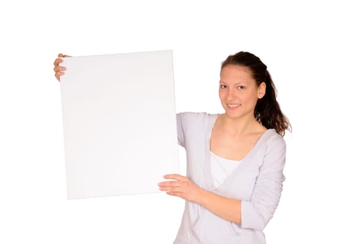 Young woman with white chalkboard
