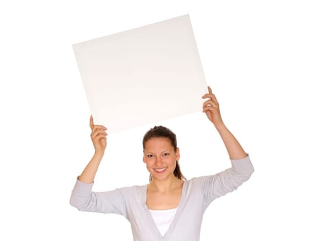 Young woman with white chalkboard