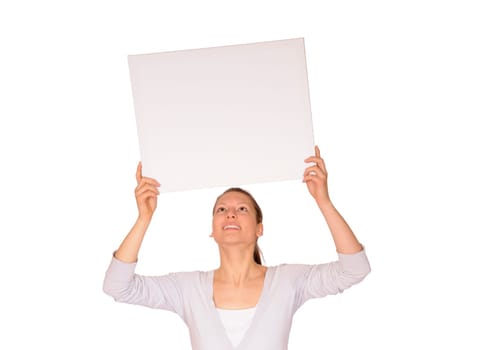 Young woman with white chalkboard
