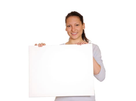 Young woman with white chalkboard