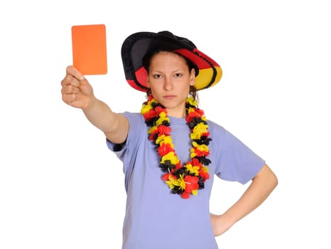 Female football fan shows the red card
