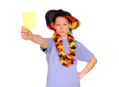 Female football fan showing the yellow card