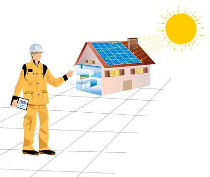 a construction worker with a house equipped with solar panels