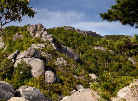 Rocks over valley in the Shenandoah on a climb of Old Rag