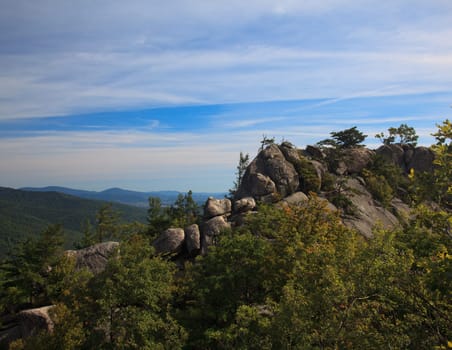 Rocks over valley in the Shenandoah on a climb of Old Rag