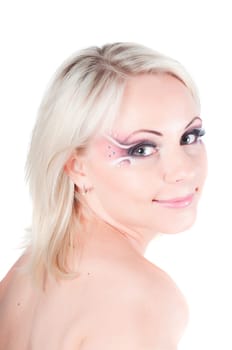 Studio shot of woman with face art isolated on white
