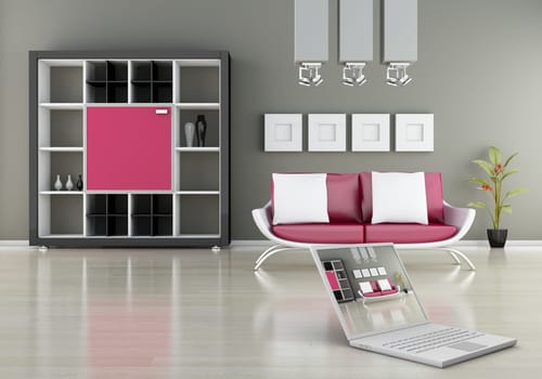 modern interior (3D render) -  Sofa With Bookshelf