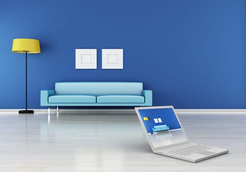 modern interior (3D render) -  Sofa With Laptop