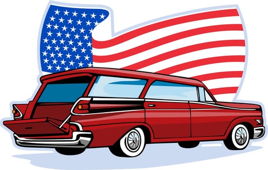 graphic design illustration of a 1950&#039 s styled station wagon isolated on white viewed from low angle done in retro  style