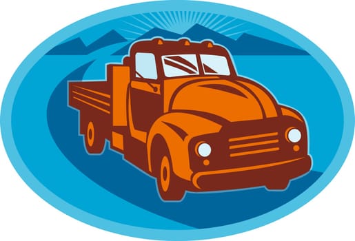 illustration of a Vintage pick-up cargo farm truck done in retro style
