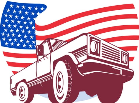 graphic design illustration of an American Pickup truck with stars and stripes flag isolated on white viewed from  low angle done in retro style