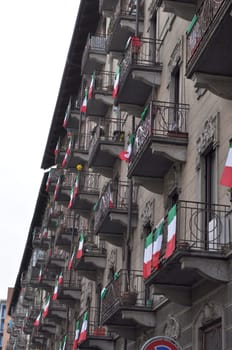 TURIN PIEDMONT ITALY MARCH 17: Celebrative flags for the 150th anniversary year of Italian unification March 17 2011 in Turin Piedmont Italy