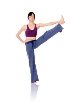Asian woman of fitness doing expert yoga pose, full length portrait isolated on white background.