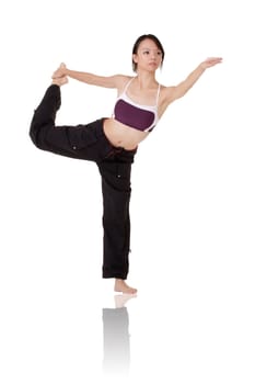 Asian beauty doing expert yoga pose over white background.