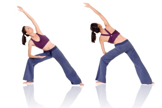 Asian woman of fitness doing expert yoga pose in front and rear view, full length portrait isolated on white background.