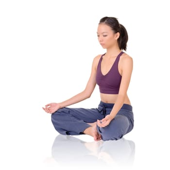 Yoga exercise on ground by Asian girl of fitness, full length portrait isolated on white background.