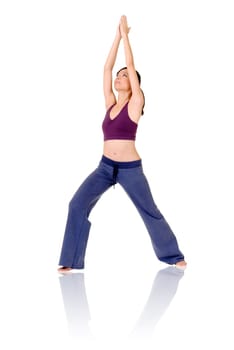 Asian woman of fitness doing expert yoga pose, full length portrait isolated on white background.