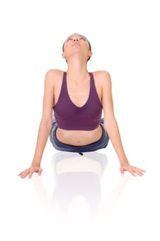 Yoga exercise on ground by Asian girl of fitness, full length portrait isolated on white background.
