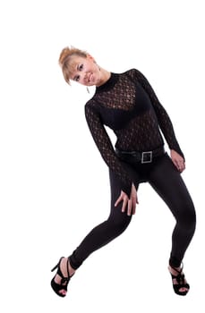 Young girl in lace costume dance and smile isolated