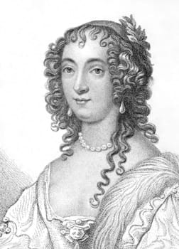 Anne Villiers (1610-1654) on engraving from the 1800s. English noblewoman and Countess of Morton. Engraved by Rivers.