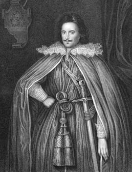 Edward Herbert, 1st Baron Herbert of Chirbury (1583-1648) on engraving from 1840. Anglo-Welsh soldier, diplomat, historian, poet &amp  religious philosopher. Engraved by W.Holl and published by the London printing and publishing company.
