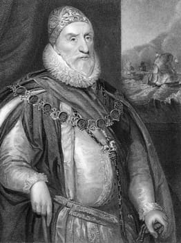 Charles Howard, 1st Earl of Nottingham (1536-1624) on engraving from 1838. English statesman and Lord High Admiral under Elizabeth I and James I. Also known as Howard of Effingham. Engraved by H.Robinson and publised by J.F.Tallis, London &amp  New York.