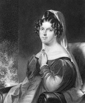 Felicia Hemans (1793-1835) on engraving from 1820. English poet. Engraved by W.Holl after a painting by W.E.West.