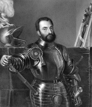 Francesco Maria I della Rovere (1490-1538) on copper engraving from 1841. Italian mercenary warlord and Duke of Urbino during 1508-1538. Engraved by J.Andrews from a drawing by G.Turbino after a painting by Titian.