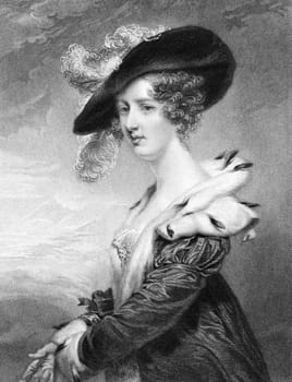 Georgiana Dowager, Lady Dover on engraving from 1840. Engraved by H.Robinson after a painting by J.Jackson and published by Fisher, Son &amp  Co in London.
