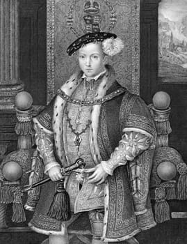 Edward VI (1537-1553) on engraving from 1840. King of England and Ireland during 1547-1553. Engraved by H.T.Ryall after a painting by Holbein and published by the London Printing and Publishing Company.