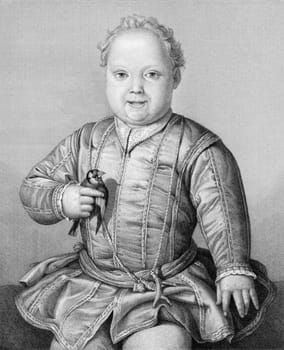 Giovanni di Cosimo I de&#039  Medici (1544-1562) on copper engraving from 1841. Italian cardinal, also known as Giovanni de&#039  Medici the Younger. Engraved by B.Foster from a drawing by G.Languinetti after a painting by Agnolo Bronzino.