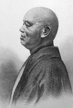 Buddhist Priest on engraving from 1856. Engraved by P.S Duval after a daguerreotype by E.Brown.