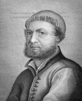 Hans Holbein the Younger (1497-1543) on copper engraving from 1841. German artist and printmaker.  Engraved by Toschi from a drawing by A.Nizza after a self protrait by Holbein.