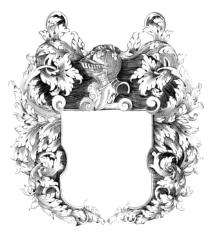 Heraldic crest on engraving from the 1700s.